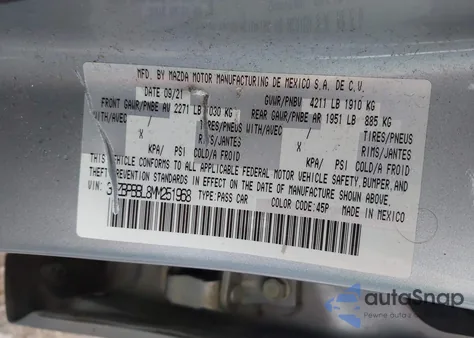 2021 Mazda Mazda3 Select из США, поврежденный, VIN 3MZBPBBL8MM251968